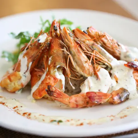 Grilled prawns drizzled with creamy sauce, garnished with herbs, served on a white plate at The Light Exclusive Villas & Spa.