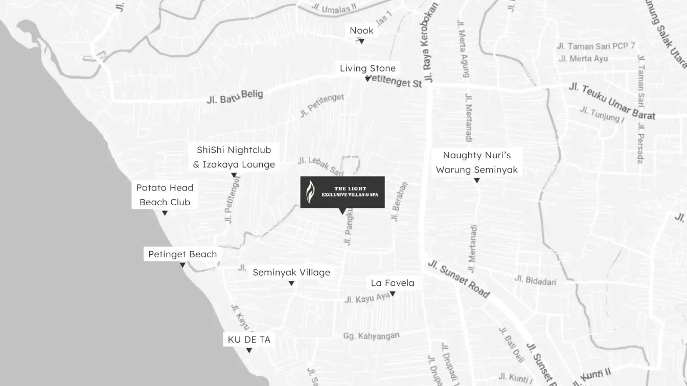 Map showing the location of The Light Exclusive Villas & Spa in Seminyak, Bali, near popular attractions.